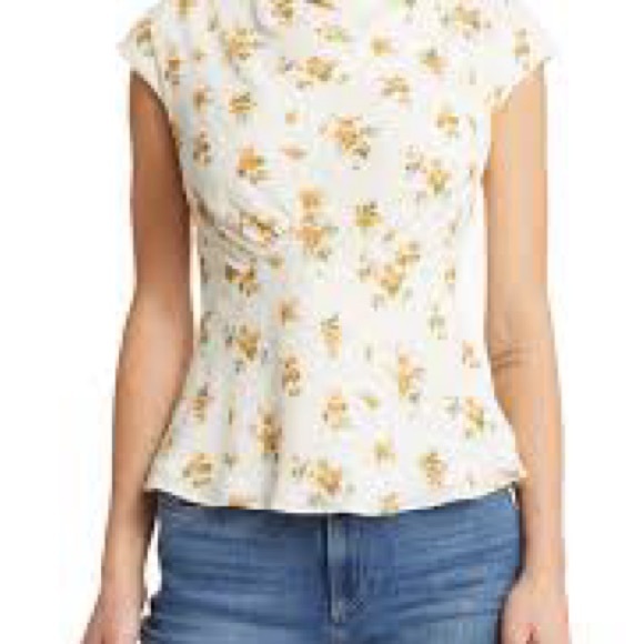 Reformation Size 8 Bettie Floral Cap Sleeve Mock Neck Top Yellow Cream - Picture 2 of 9
